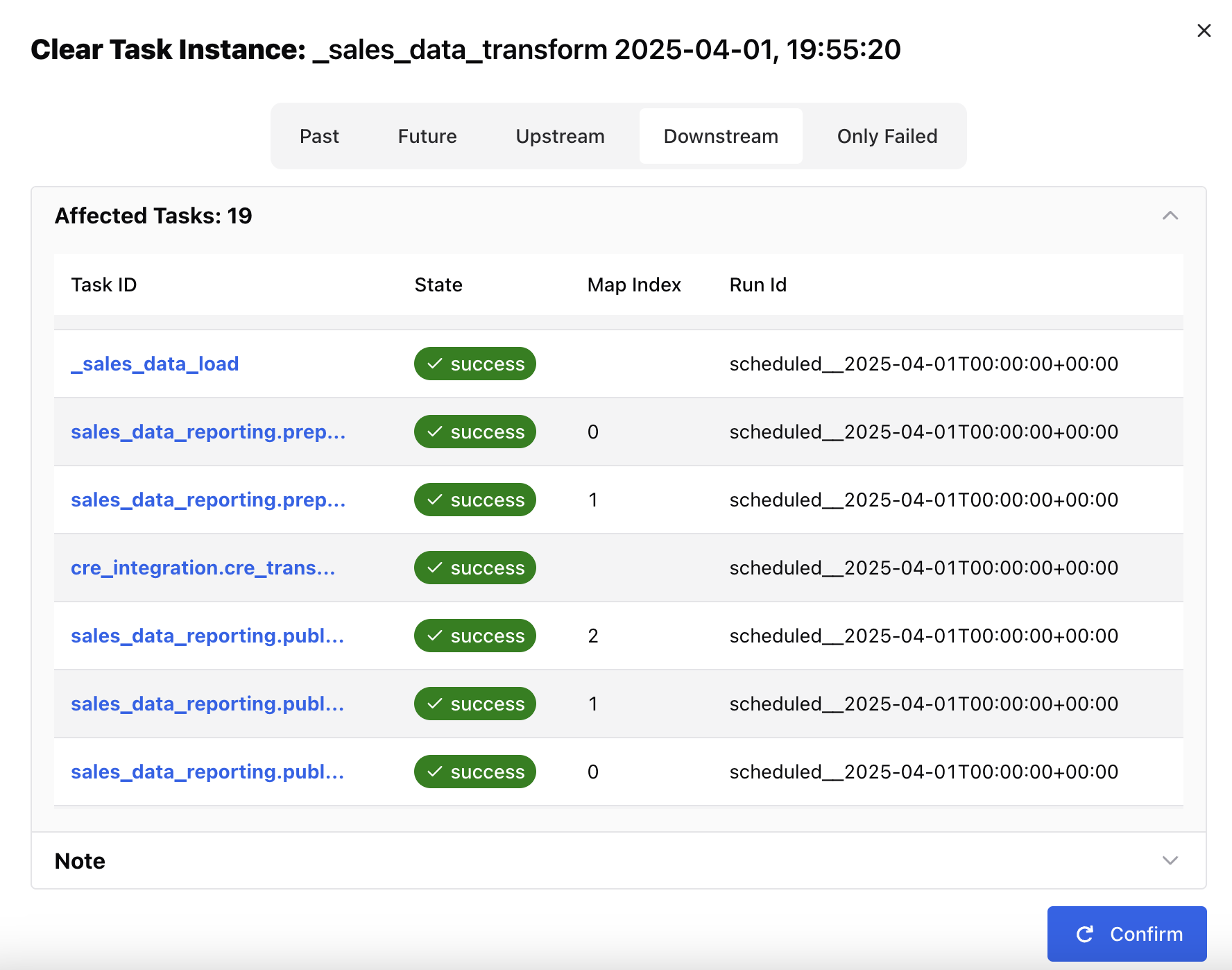 Окно подтверждения очистки экземпляров задач