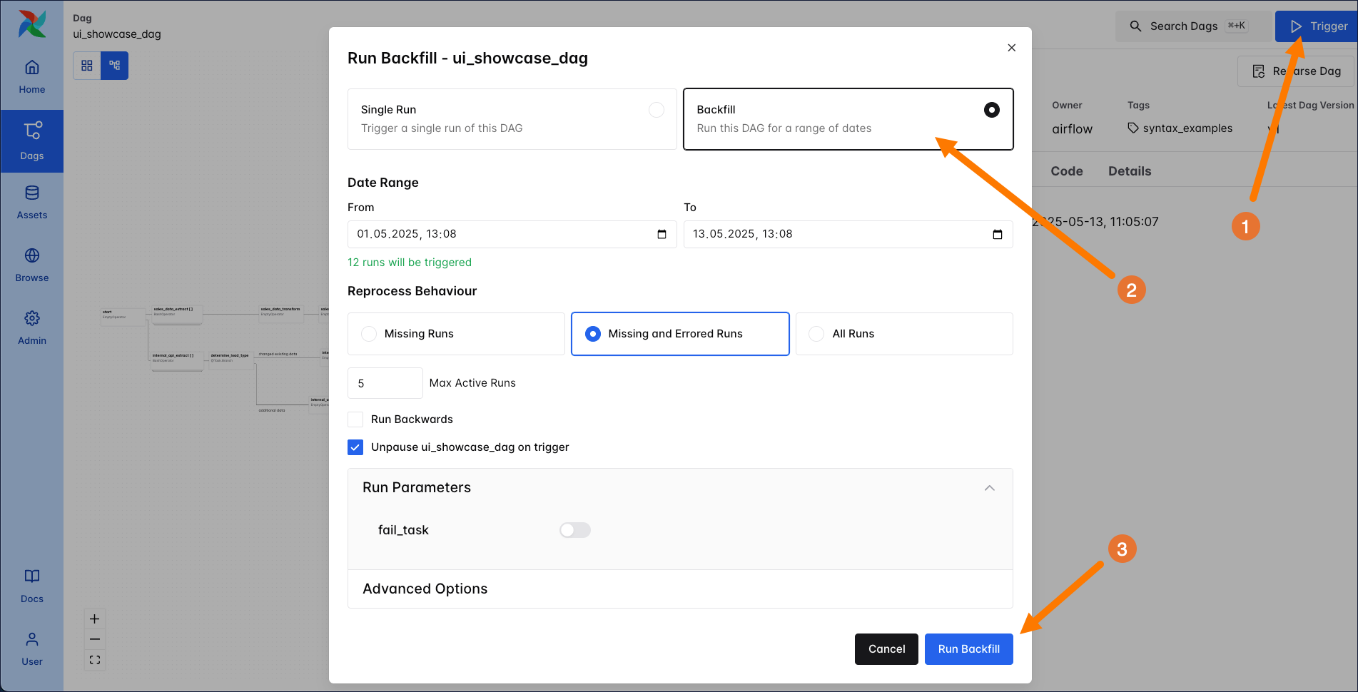 Кнопка Trigger и выбор Backfill в UI