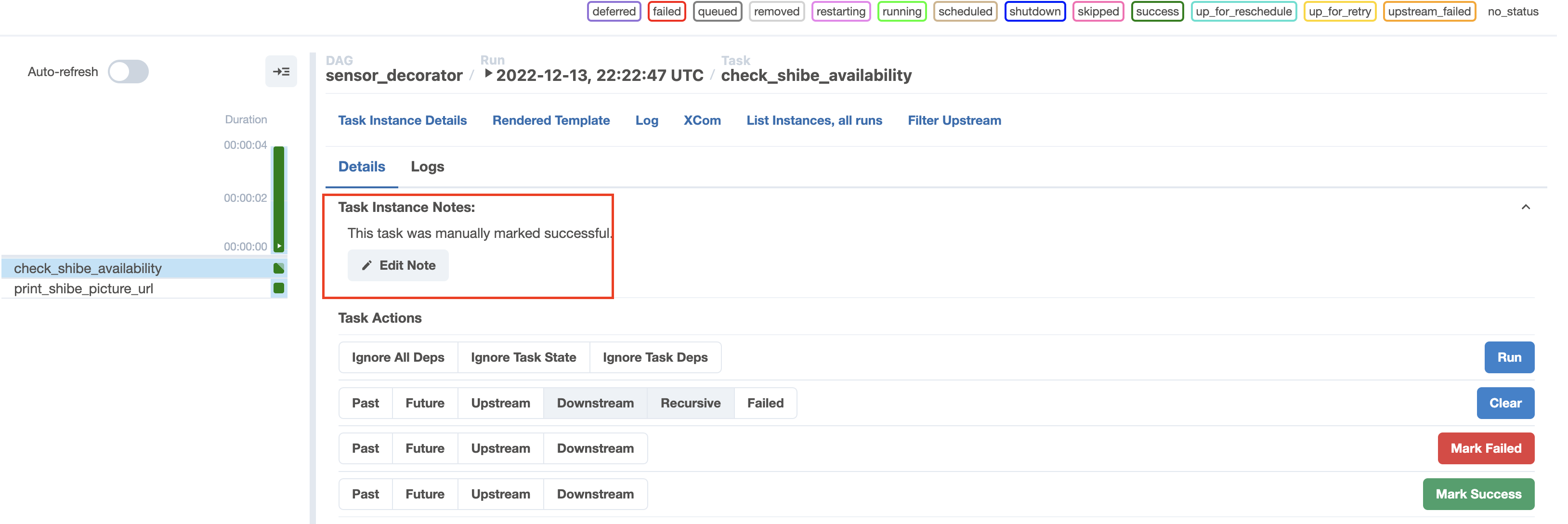 Добавление заметки к задаче или DAG run