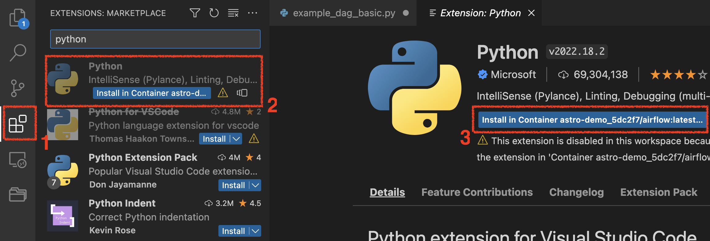 Установка расширения Python в контейнере